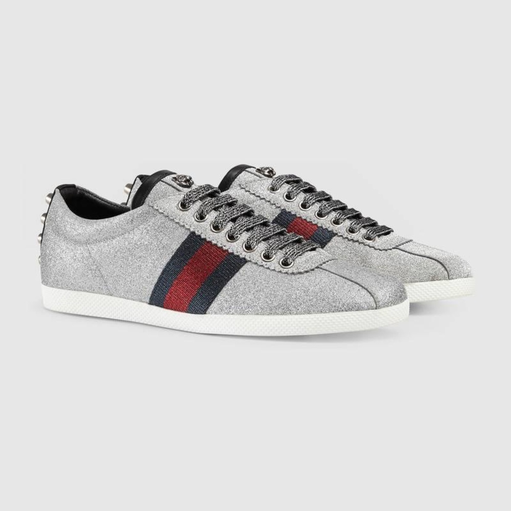 Gucci Silver Glitter Sneakers with Red and Navy Web Stripe